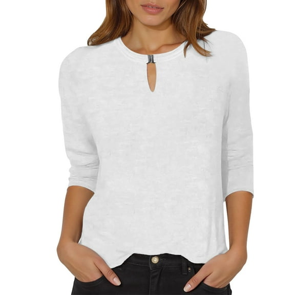 MIXUE Womens Summer Tops Summer Solid Color Round Neck Hollow Out 3/4 Sleeve Slim Casual Comfortable T-shirts Holiday Wear,White,S
