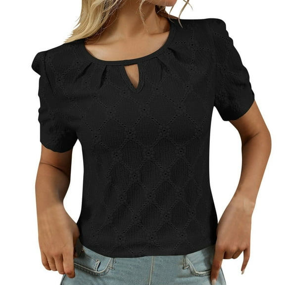 MIXUE Womens Summer Tops Summer Solid Color Round Neck Hollow Out Short Sleeve T Shirts Holiday Wear,Black,XXL