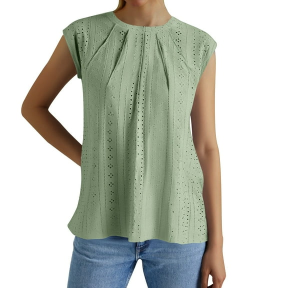 MIXUE Womens Summer Tops Summer Solid Color Round Neck Hollow Out Sleeveless Fashion Casual Loose Pullover T Shirts Daily-Wear,Green,L