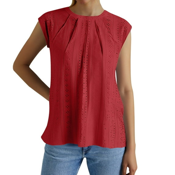 MIXUE Womens Summer Tops Summer Solid Color Round Neck Hollow Out Sleeveless Fashion Casual Loose Pullover T Shirts Sportwear,Red,XXL