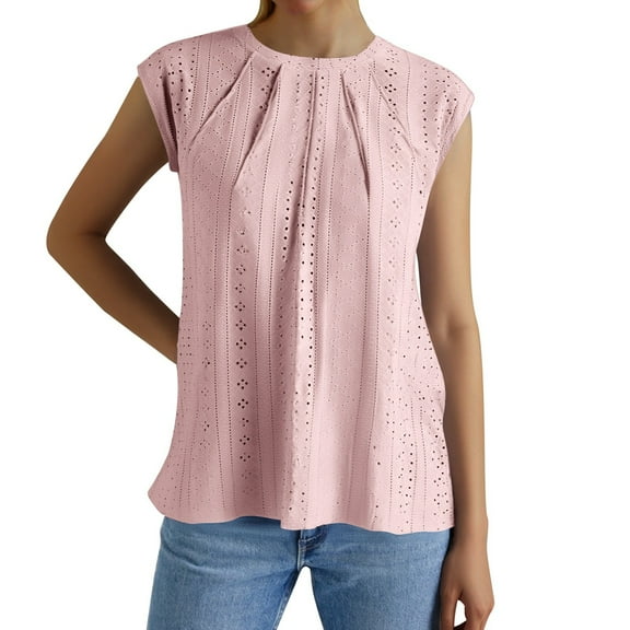 MIXUE Womens Summer Tops Summer Solid Color Round Neck Hollow Out Sleeveless Fashion Casual Loose Pullover Tee Shirts Outwear,Pink,L