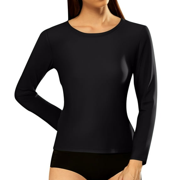 MIXUE Womens Summer Tops Summer Solid Color Round Neck Long Sleeve Slim Fashion Casual Tee Shirts Activewear,Black,S