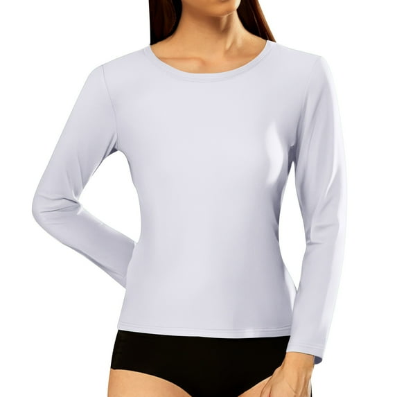 MIXUE Womens Summer Tops Summer Solid Color Round Neck Long Sleeve Slim Fashion Casual Tee Shirts Activewear,White,M