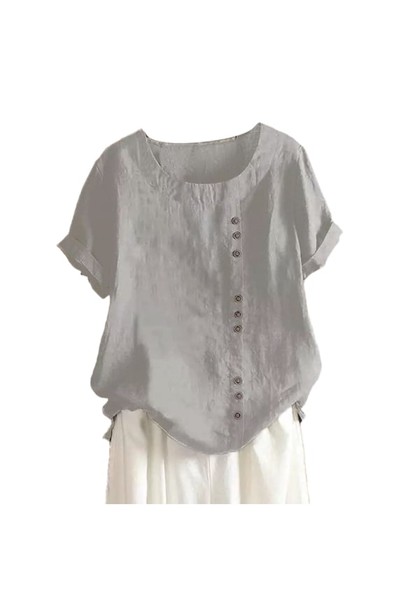 Womens Summer Tops Summer Solid Color Round Neck Raglan Short Sleeve Button Loose Casual Pullover Tee Shirts Outwear,Silver,L