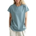 thumbnail image 1 of MIXUE Womens Summer Tops Summer Solid Color Round Neck Short Sleeve Casual Vintage Lace Loose Fit Stylish Pullover T Shirts Daily-Wear,Blue,M, 1 of 5