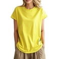 thumbnail image 1 of MIXUE Womens Summer Tops Summer Solid Color Round Neck Short Sleeve Casual Vintage Lace Loose Fit Stylish Pullover T Shirts Holiday Wear,Yellow,M, 1 of 5