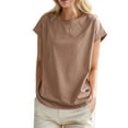thumbnail image 1 of MIXUE Womens Summer Tops Summer Solid Color Round Neck Short Sleeve Casual Vintage Lace Loose Fit Stylish Pullover Tee Shirts Activewear,Brown,XXXL, 1 of 5