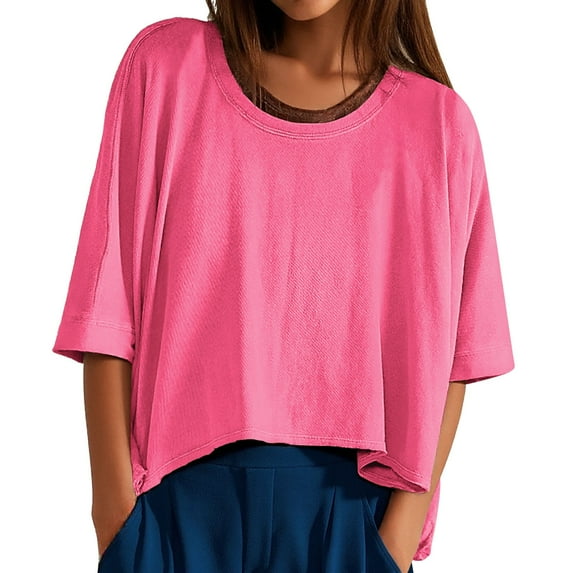 MIXUE Womens Summer Tops Summer Solid Color Round Neck Short Sleeve Loose Casual Oversized Pullover T-shirts Holiday Wear,Red,M