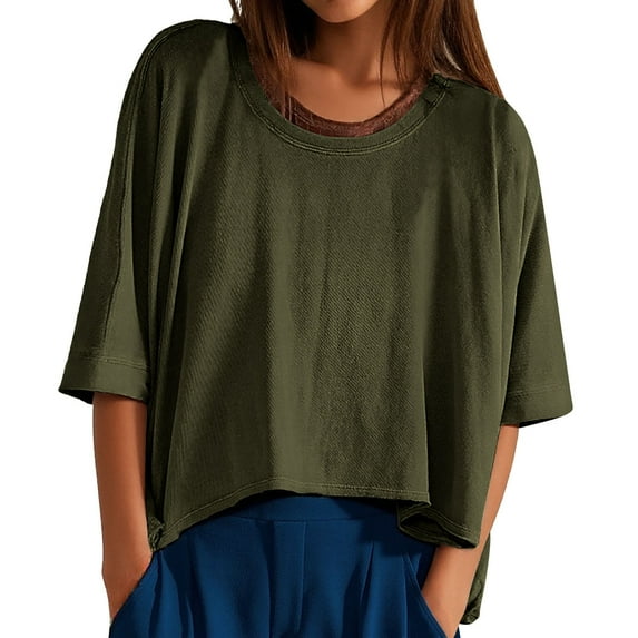 MIXUE Womens Summer Tops Summer Solid Color Round Neck Short Sleeve Loose Casual Oversized Pullover Tshirts Outwear,Green,S