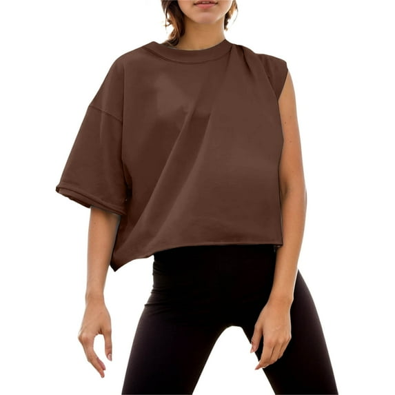 MIXUE Womens Summer Tops Summer Solid Color Round Neck Short Sleeve Yoga Casual Loose Sports Pullover Tee Shirts Outwear,Brown,XXL
