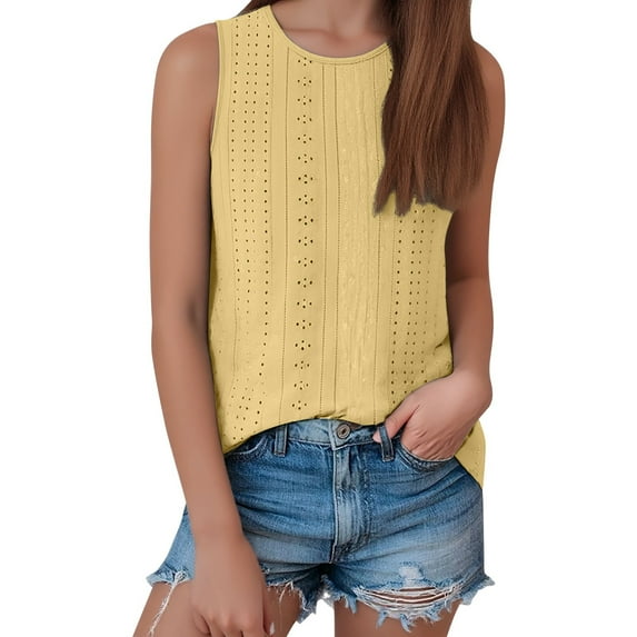 MIXUE Womens Summer Tops Summer Solid Color Round Neck Sleeveless Fashion Casual Loose Vest Pullover Tshirts Streetwear,Yellow,M
