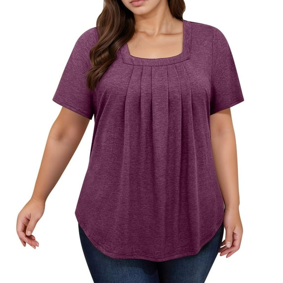 MIXUE Womens Summer Tops Summer Solid Color Square Collar Short Sleeve Casual Pullover Tee Shirts Outwear,Red,XXXL