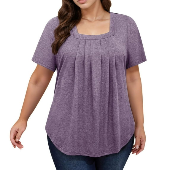 MIXUE Womens Summer Tops Summer Solid Color Square Collar Short Sleeve Casual Pullover Tshirts Activewear,Purple,XL