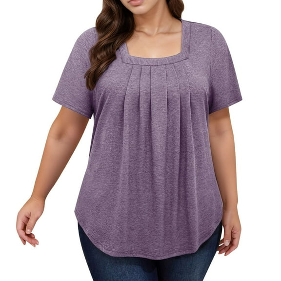 MIXUE Womens Summer Tops Summer Solid Color Square Collar Short Sleeve Casual Pullover Tshirts Activewear,Purple,XL