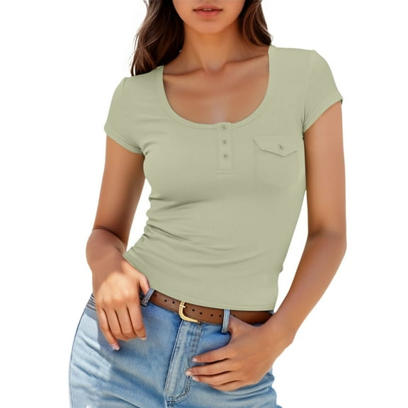 MIXUE Womens Summer Tops Summer Solid Color Square Collar Short Sleeve Slim Casual Tunic Tee Shirts Streetwear,Green,M