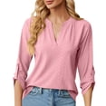 thumbnail image 1 of MIXUE Womens Summer Tops Summer Solid Color V Neck 3/4 Sleeve Loose Casual T-shirts Daily-Wear,Pink,M, 1 of 6