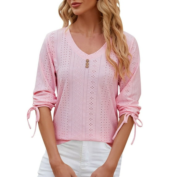 MIXUE Womens Summer Tops Summer Solid Color V Neck 3/4 Sleeve Slim Casual Tee Shirts Streetwear,Pink,S