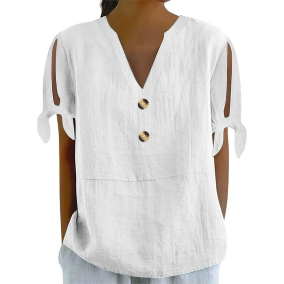 MIXUE Womens Summer Tops Summer Solid Color V Neck Button Short Sleeve Cold Shoulder Casual Tshirts Outwear,White,S