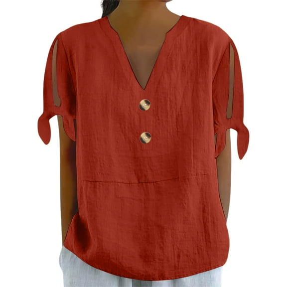 MIXUE Womens Summer Tops Summer Solid Color V Neck Button Short Sleeve Cold Shoulder Casual Tshirts Streetwear,Red,XL