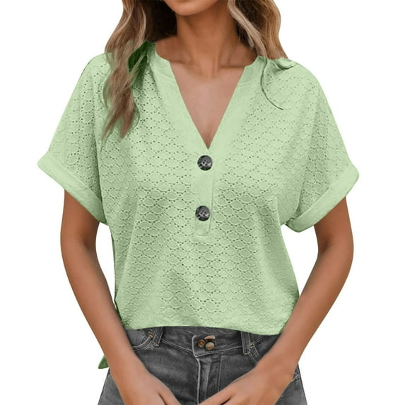 MIXUE Womens Summer Tops Summer Solid Color V Neck Button Down Short Sleeve Stylish Jacquard Loose Fit Casual Fashion Pullover Tee Shirts Outwear,Green,L