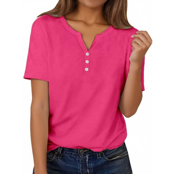 MIXUE Womens Summer Tops Summer Solid Color V Neck Buttons Short Sleeve Pullover T-shirts Holiday Wear,Pink,M