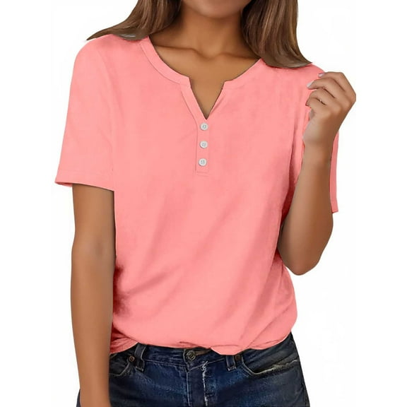 MIXUE Womens Summer Tops Summer Solid Color V Neck Buttons Short Sleeve Pullover Tee Shirts Outwear,Pink,L