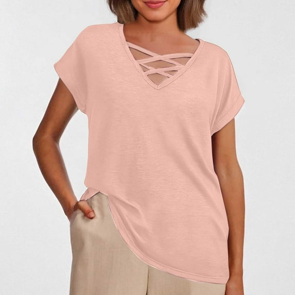 MIXUE Womens Summer Tops Summer Solid Color V Neck Hollow Out Short Sleeve Loose Fashion T Shirts Daily-Wear,Blue,S