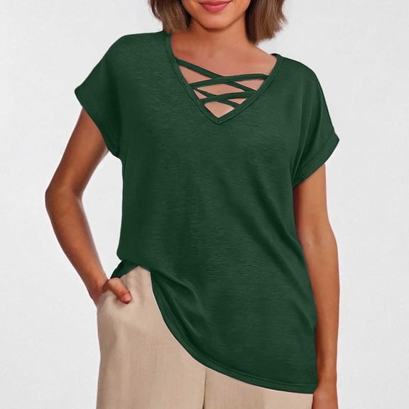 MIXUE Womens Summer Tops Summer Solid Color V Neck Hollow Out Short Sleeve Loose Fashion T Shirts Sportwear,Green,M