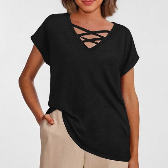 MIXUE Womens Summer Tops Summer Solid Color V Neck Hollow Out Short Sleeve Loose Fashion Tee Shirts Streetwear,Black,M