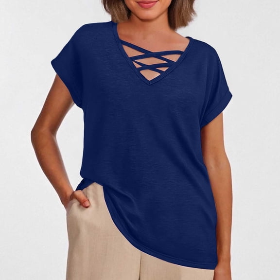 MIXUE Womens Summer Tops Summer Solid Color V Neck Hollow Out Short Sleeve Loose Fashion Tshirts Streetwear,Blue,S