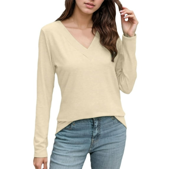 MIXUE Womens Summer Tops Summer Solid Color V Neck Long Sleeve Dressy Casual Fall Trendy Loose Tunic Pullover T Shirts Daily-Wear,Beige,XL