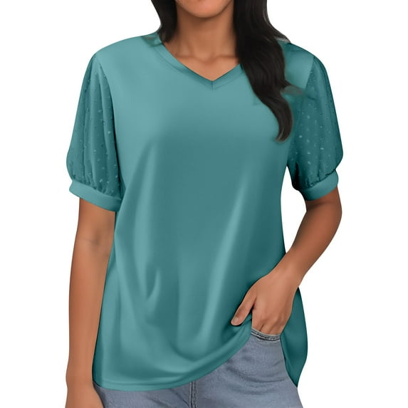 MIXUE Womens Summer Tops Summer Solid Color V Neck Mesh Short Puff Sleeve Pullover Tee Shirts Activewear,Blue,S