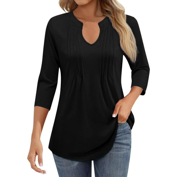 MIXUE Womens Summer Tops Summer Solid Color V Neck Ruffle Long Sleeve Casual T Shirts Daily-Wear,Black,S