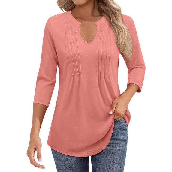 MIXUE Womens Summer Tops Summer Solid Color V Neck Ruffle Long Sleeve Casual T Shirts Daily-Wear,Pink,XL