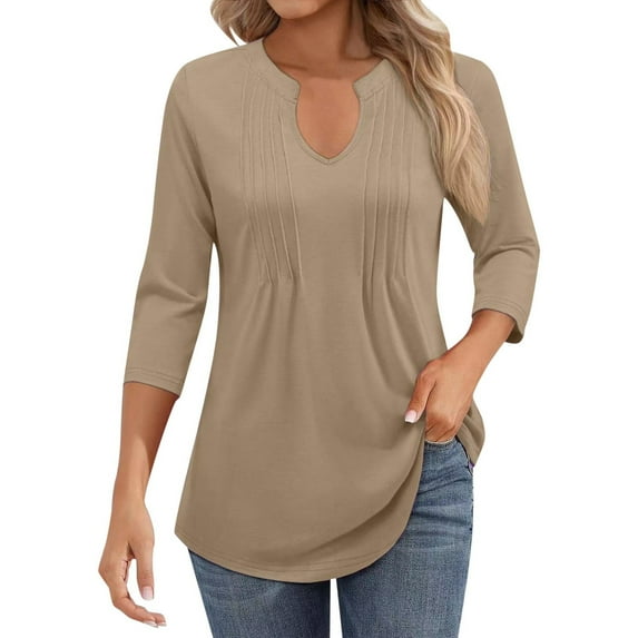 MIXUE Womens Summer Tops Summer Solid Color V Neck Ruffle Long Sleeve Casual T-shirts Daily-Wear,Brown,S
