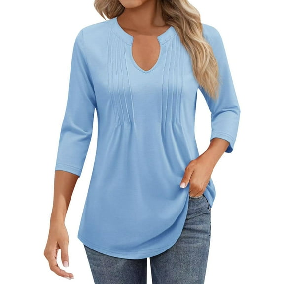MIXUE Womens Summer Tops Summer Solid Color V Neck Ruffle Long Sleeve Casual Tee Shirts Activewear,Blue,S