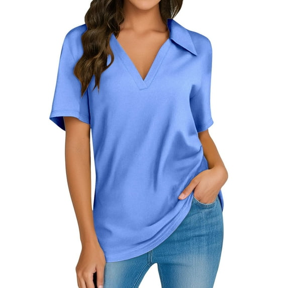 MIXUE Womens Summer Tops Summer Solid Color V Neck Short Sleeve Casual Work Basic Pullover T Shirts Daily-Wear,Blue,S