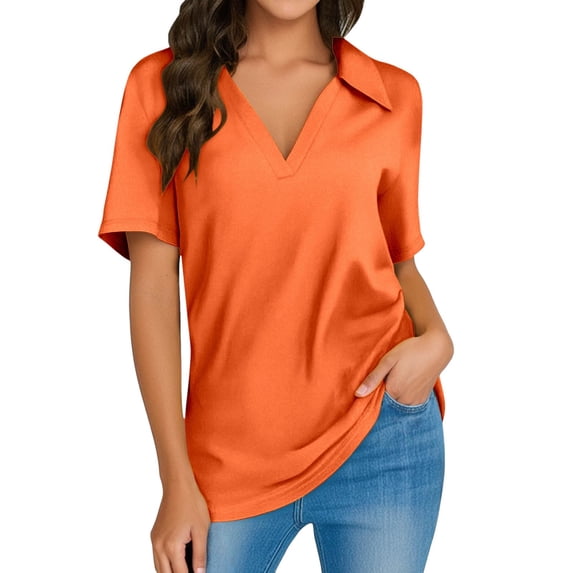 MIXUE Womens Summer Tops Summer Solid Color V Neck Short Sleeve Casual Work Basic Pullover T-shirts Sportwear,Orange,M
