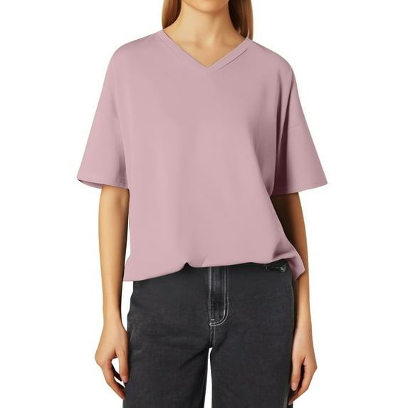 MIXUE Womens Summer Tops Summer Solid Color V Neck Short Sleeve Fashion Loose Casual T-shirts Daily-Wear,Purple,XXL
