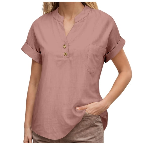 MIXUE Womens Summer Tops Summer Solid Color V Neck Short Sleeve Loose Fit Pleated Hem Flowy Pullover T-shirts Daily-Wear,Red,S