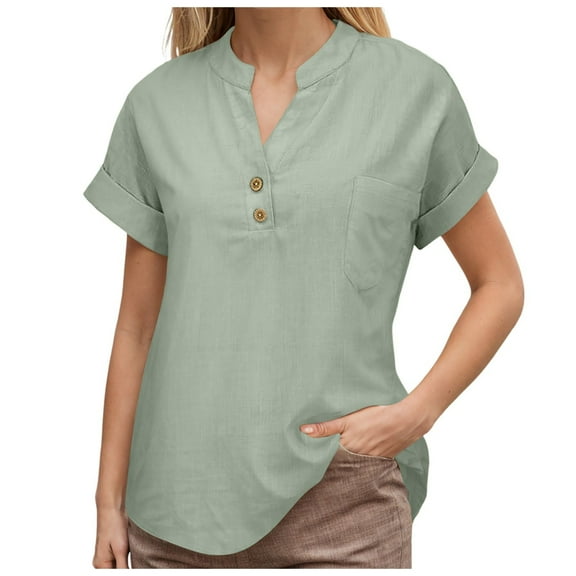 MIXUE Womens Summer Tops Summer Solid Color V Neck Short Sleeve Loose Fit Pleated Hem Flowy Pullover T-shirts Holiday Wear,Green,L