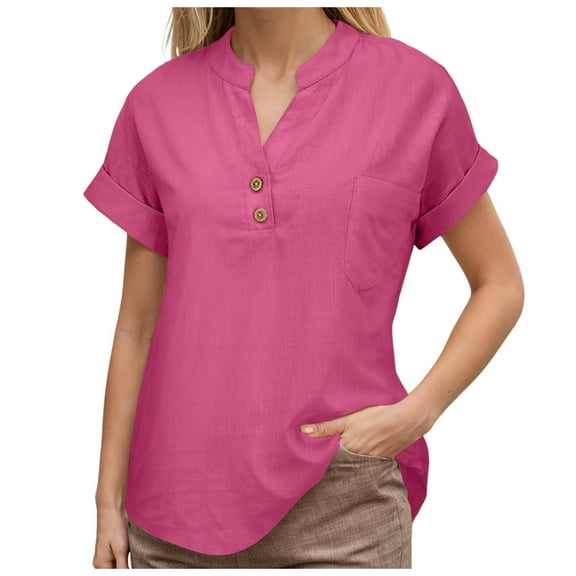 MIXUE Womens Summer Tops Summer Solid Color V Neck Short Sleeve Loose Fit Pleated Hem Flowy Pullover T-shirts Sportwear,Pink,S