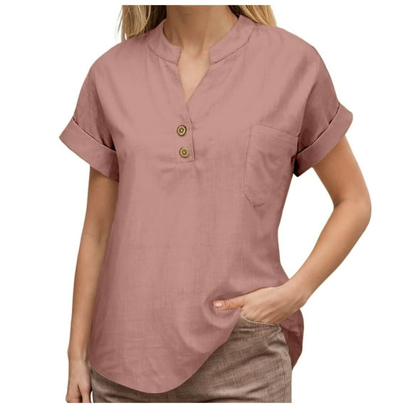 MIXUE Womens Summer Tops Summer Solid Color V Neck Short Sleeve Loose Fit Pleated Hem Flowy Pullover Tshirts Activewear,Red,L