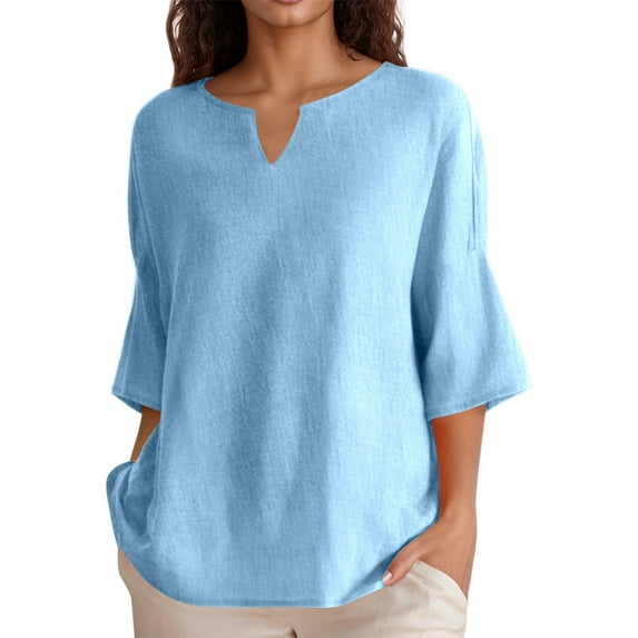 MIXUE Womens Summer Tops Summer Solid Color V Neck Short Sleeve Loose Pullover Tshirts Outwear,Blue,M