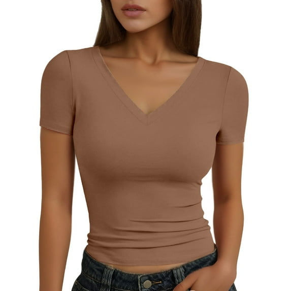 MIXUE Womens Summer Tops Summer Solid Color V Neck Short Sleeve Sexy Slim Fashion T-shirts Daily-Wear,Brown,M