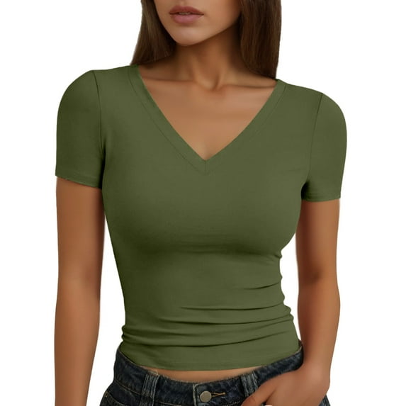 MIXUE Womens Summer Tops Summer Solid Color V Neck Short Sleeve Sexy Slim Fashion Tee Shirts Streetwear,Green,L