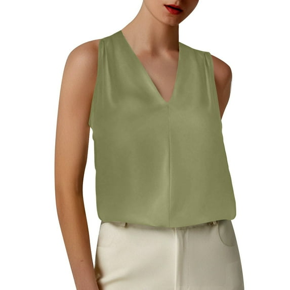 MIXUE Womens Summer Tops Summer Solid Color V Neck Sleeveless Stylish Casual Tshirts Streetwear,Green,L