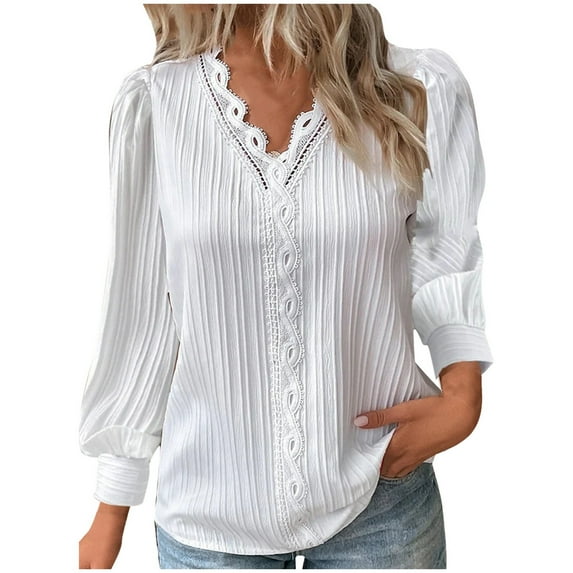 MIXUE Womens Tops Autumn Winter Floral Lace Solid Color Ruffle V Neck Button Down Long Sleeve Elegant Casual Shirts For Women Tee Shirts Outwear,White,XL
