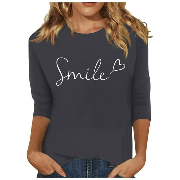 MIXUE Womens Tops Autumn Winter Letter Heart Print Round Neck Long Sleeve Slim Fit Fashion Casual Tunic Shirts For Women Tshirts Outwear,Gray,S