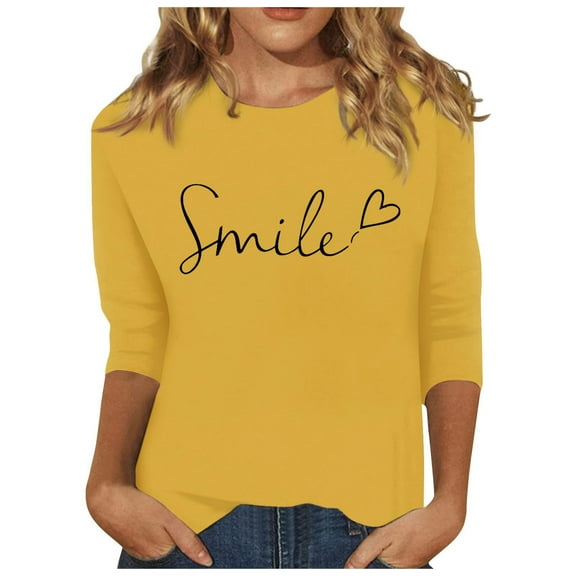 MIXUE Womens Tops Autumn Winter Letter Heart Print Round Neck Long Sleeve Slim Fit Fashion Casual Tunic Shirts For Women T Shirts Daily-Wear,Yellow,XXL